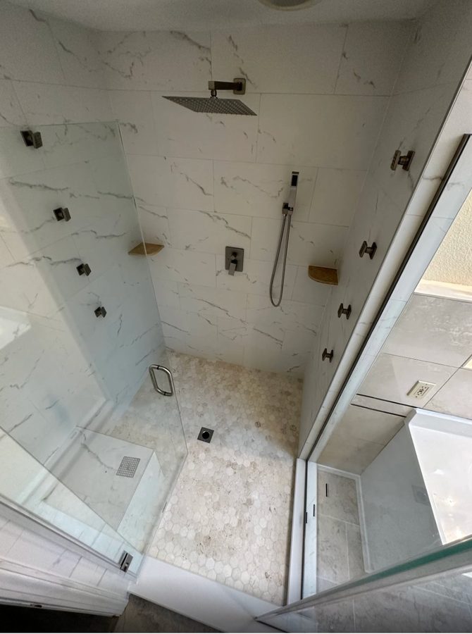 Custom Marble Shower — Rain Head & Body Jets